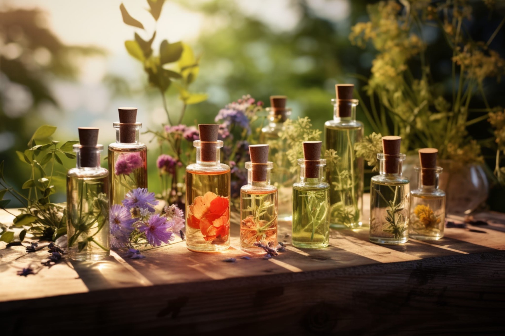 Kräutertinkturen mit Wildblumen in Glasflaschen